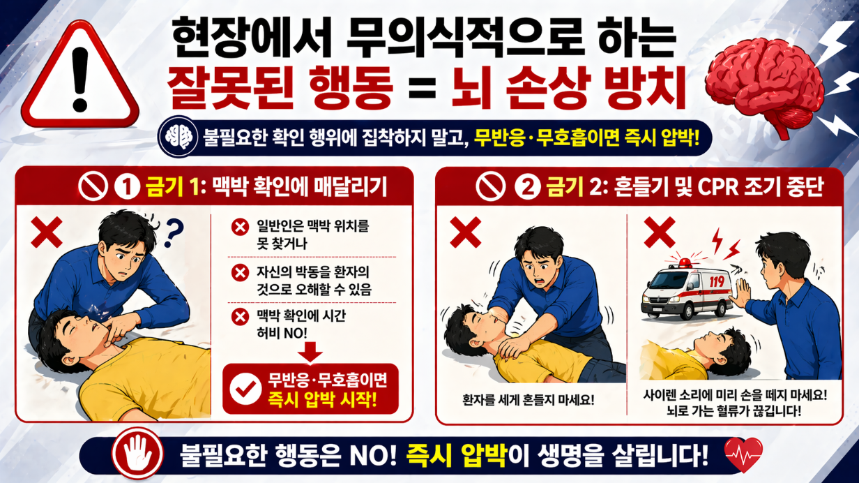 맥박 확인 집착과 흔들기 등 잘못된 행동이 뇌 손상을 유발하는 위험성 설명 이미지