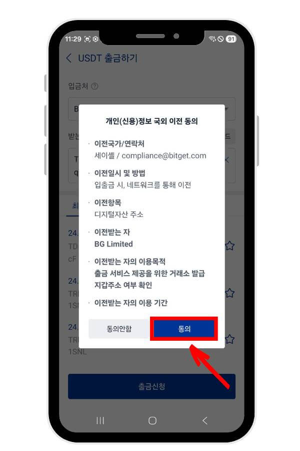 개인 정보 국외 이전 동의 메시지
동의 버튼을 가리키고 있다.