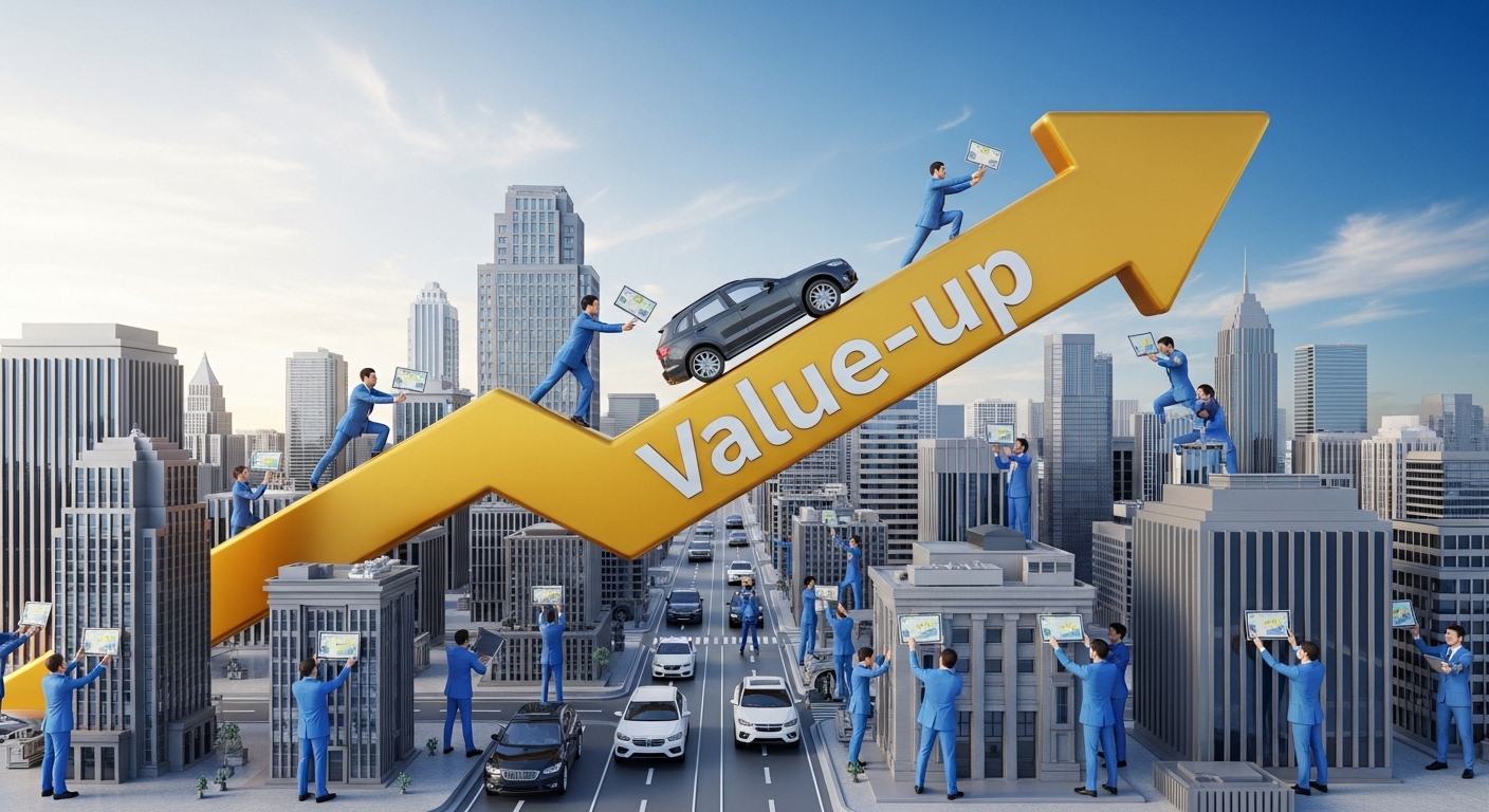 3D illustration of a golden arrow marked 'Value-up' soaring over financial buildings and cars, with foreign investors (in blue suits) buying them.
