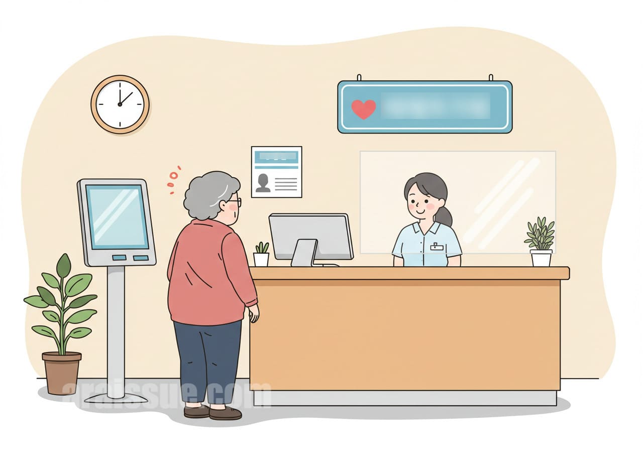 의료기관 접수처에서 안내받는 할머니