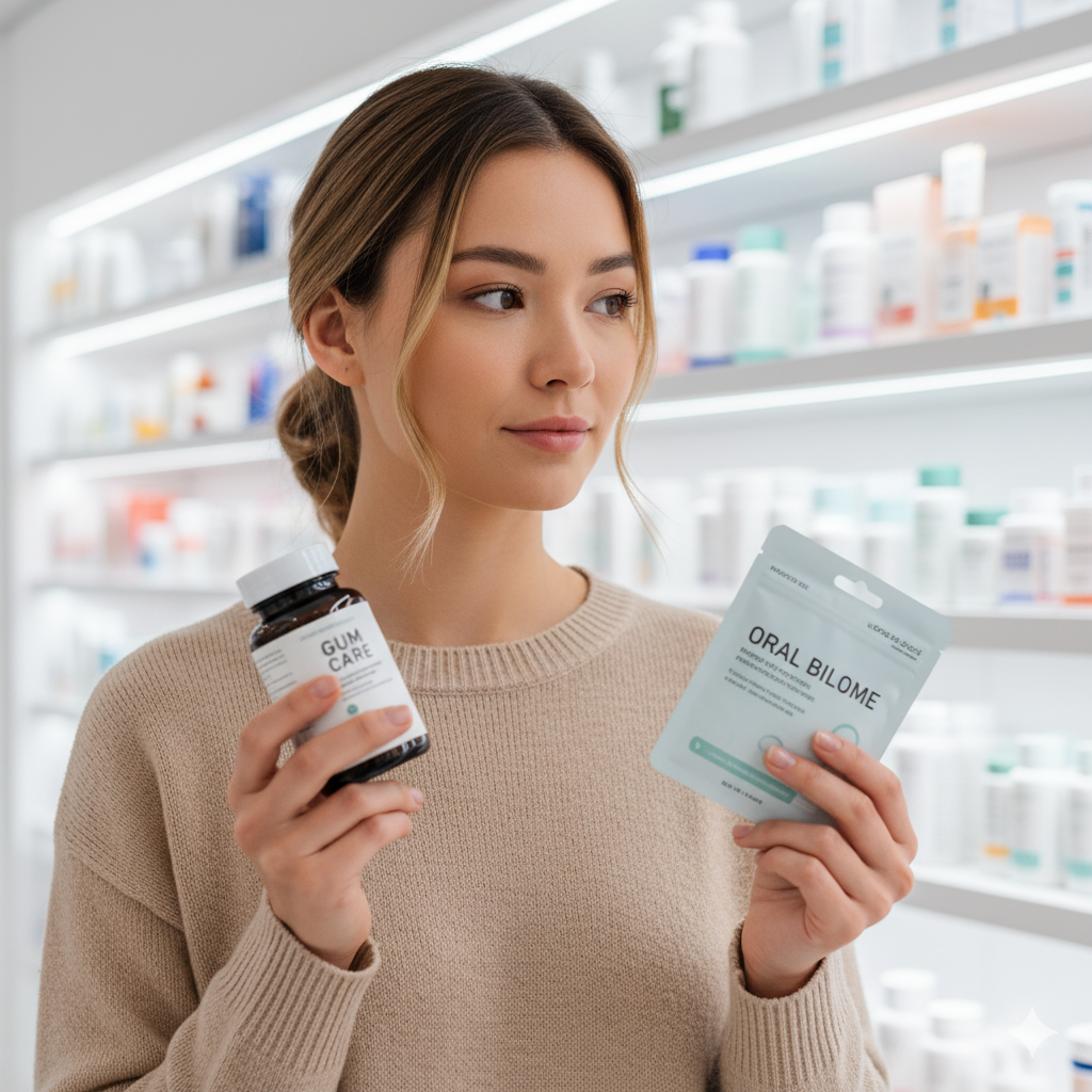 잇몸 영양제 병과 구강 유산균 패키지를 양손에 들고 비교하며 현명한 선택을 고민하는 지적인 20대 여성.