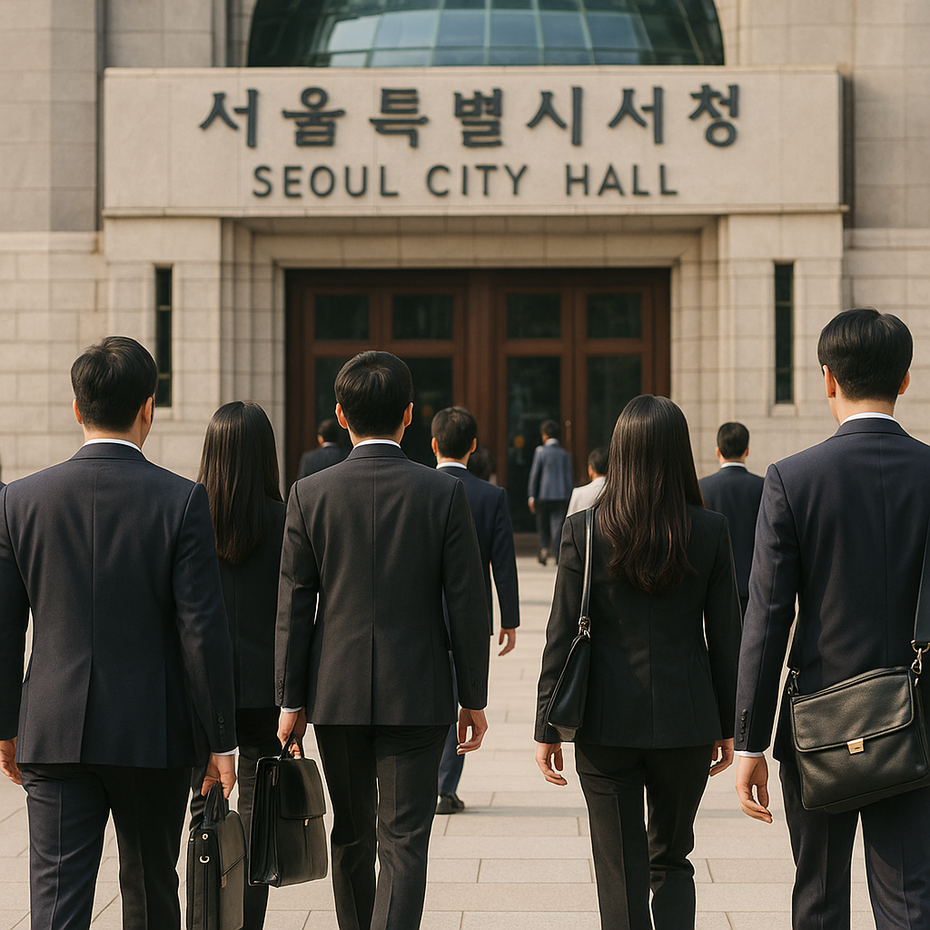서울특별시청 정문으로 출근하는 정장 차림의 공무원들 모습
