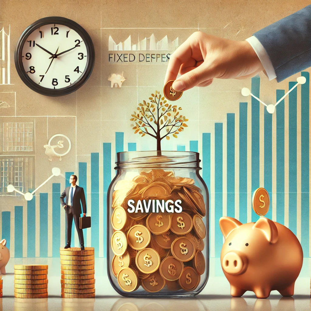 'Savings'라고 적힌 유리병에 황금빛 동전이 가득 차 있으며, 한 사람이 동전을 추가로 저금하고 있습니다. 옆에는 시계가 있어 시간과 복리 이자를 상징하며, 배경에는 금융 그래프와 돼지 저금통이 있어 안정적인 자산 성장을 나타냅니다.