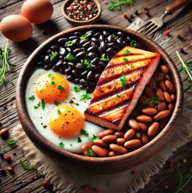 검은콩, 연어, 계란이 들어간 그릇