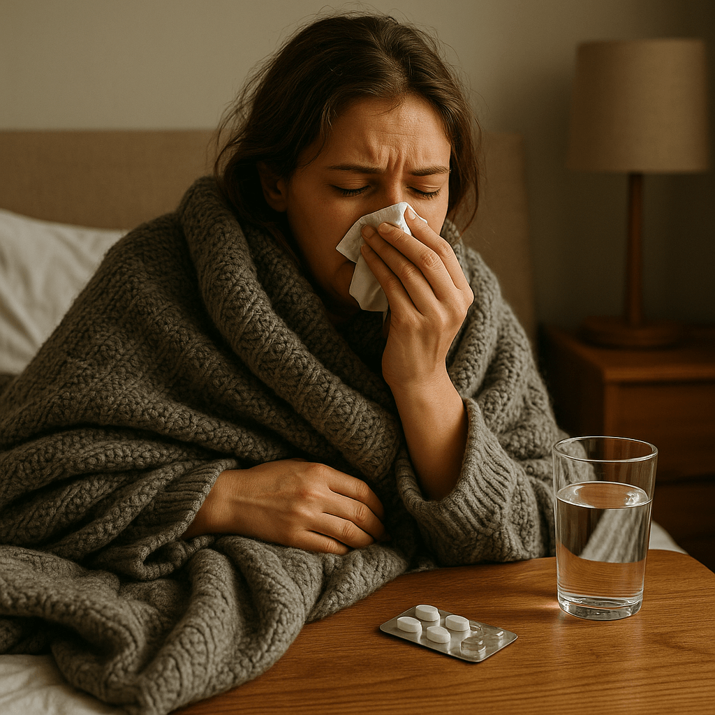 감기로 고생하는 성인이 두꺼운 담요를 덮고 코를 푸는 장면(출처**자체제작)