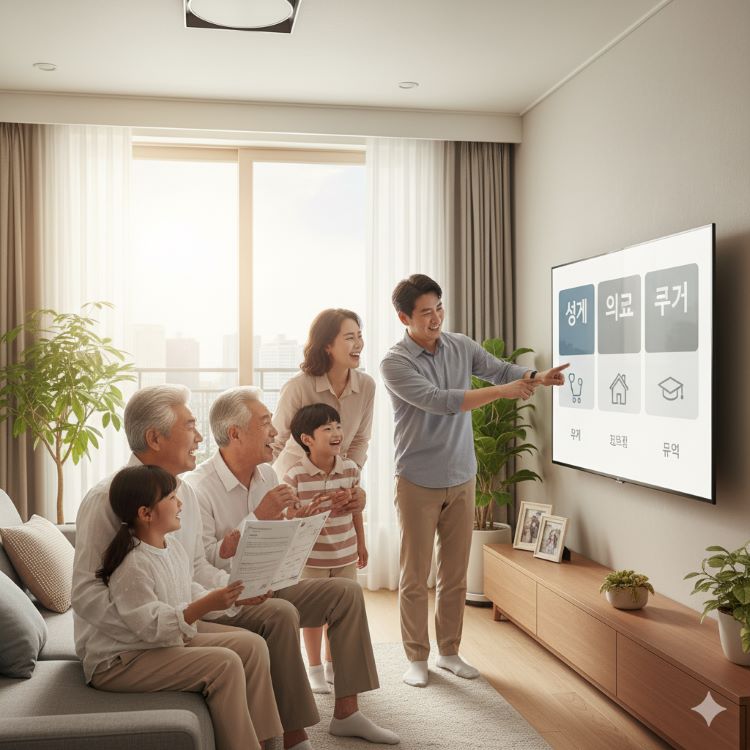 가족이 따뜻한 집에서 웃으며 복지로 앱 화면 보는 장면. 생계, 의료, 주거, 교육 급여 아이콘과 희망적인 분위기, 밝은 색상
