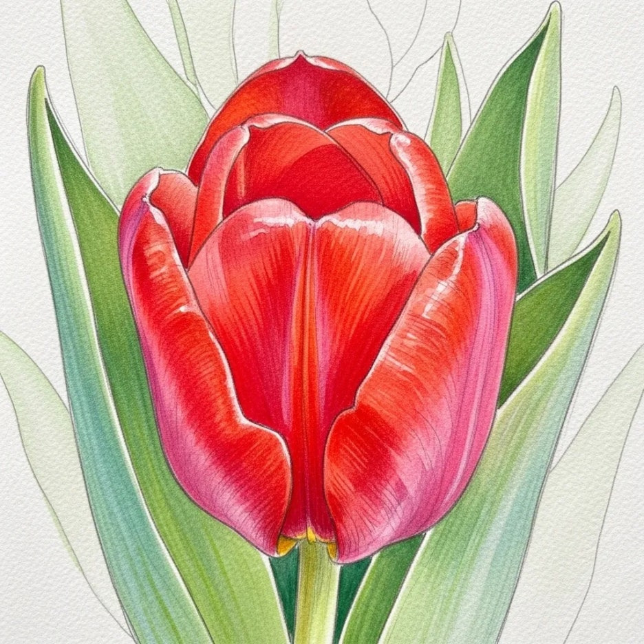 선명한 색감의 붉은 튤립 꽃잎이 활짝 피어난 모습