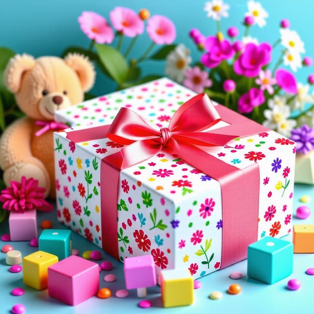 책 선물 포장: 예쁜 포장지에 리본이 묶인 책 선물 상자, 주변에 아기용 장난감이나 작은 꽃이 놓여 있는 모습.