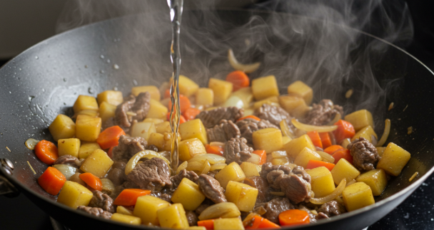 소고기와 함께 깍둑썰기 된 양파, 감자, 당근, 버섯이 노릇하게 볶아지고 있고, 그 위로 맑은 물이 부어지는 모습