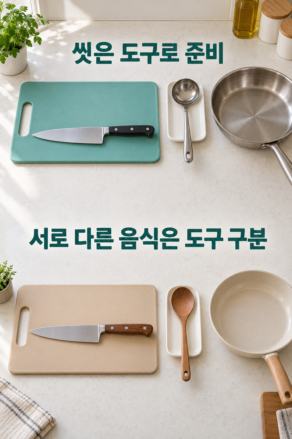서로 다른 구역에 놓인 세척한 도마·칼·국자와 다른 음식용 기구