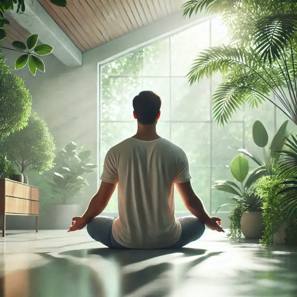 조용한 공간에서 명상하며 뇌염증과 피로 회복을 돕는 사람, 편안하고 평화로운 분위기