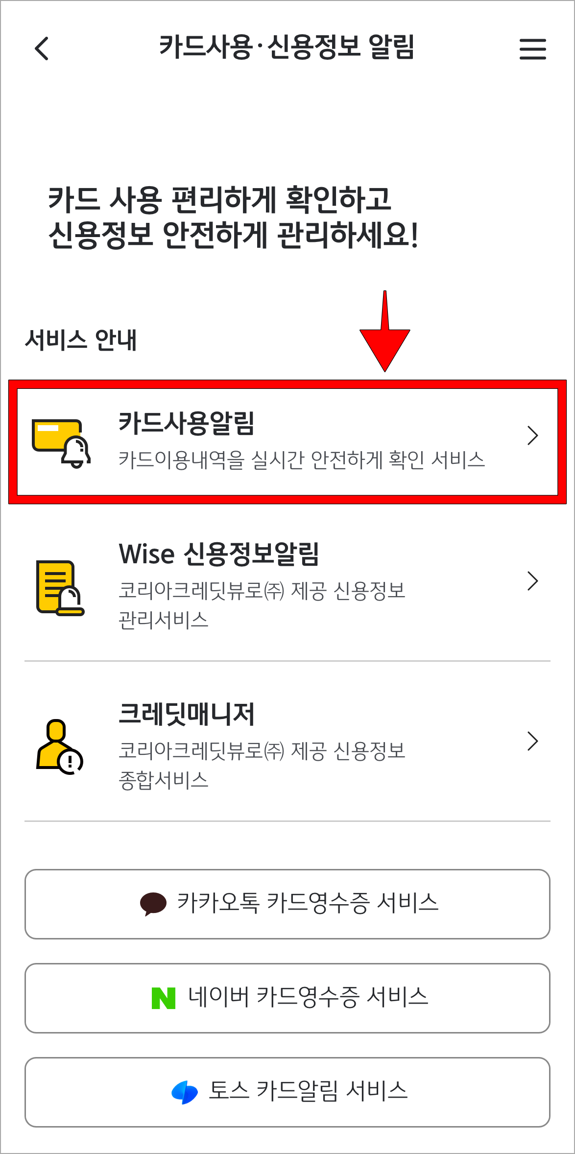 카드사용·신용정보 알림 메뉴에서 '카드 사용 알림'을 선택