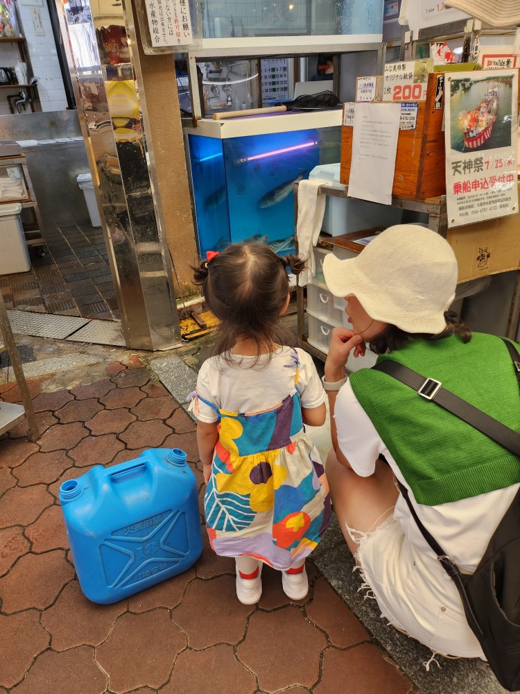 물고기를 보는 아이와 어른