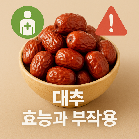 대추의 효능과 당&middot;칼로리 과잉 위험을 함께 보여주는 인트로용 대추 트레이 이미지