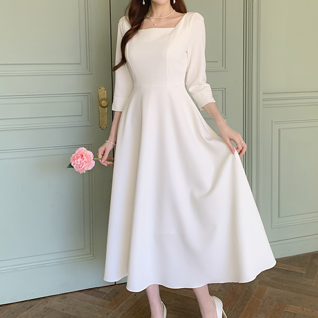 아이린 셀프웨딩 드레스 스퀘어넥 7부소매 a라인 플레어 피로연 돌잔치 브라이덜샤워 원피스