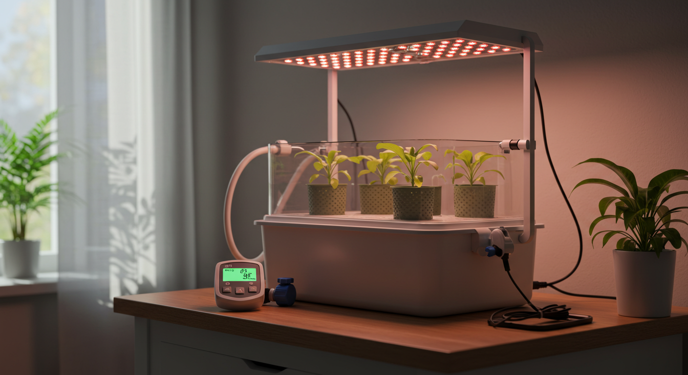 주방 카운터 위 미니 수경재배 세팅, NFT 트레이·투명 저수조·LED 식물등·pH/EC 미터가 정돈된 모습