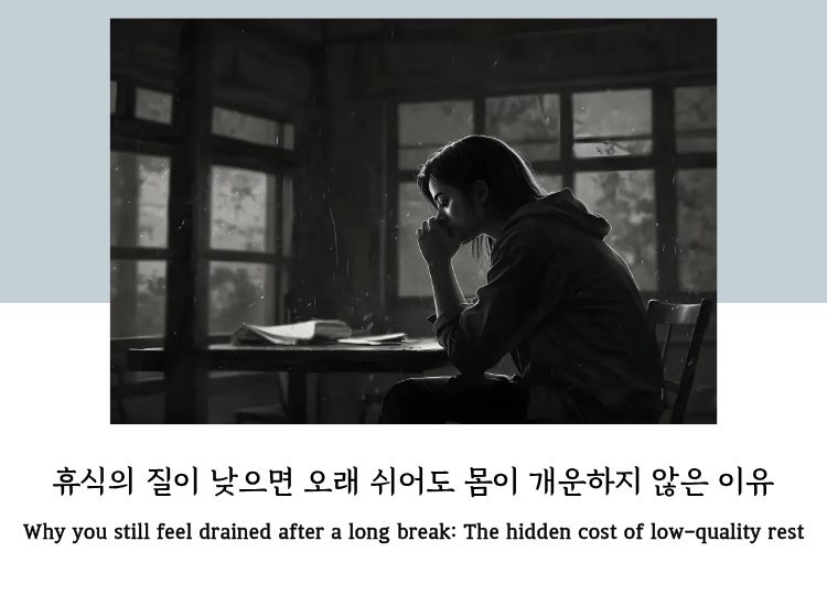 A tired woman sitting quietly, representing low-quality rest and lingering fatigue