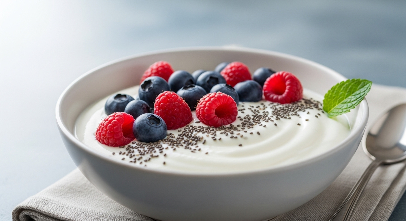 치아씨드와 베리가 토핑된 요거트 한 그릇. 신선하고 건강한 아침 식사를 연상시킨다.