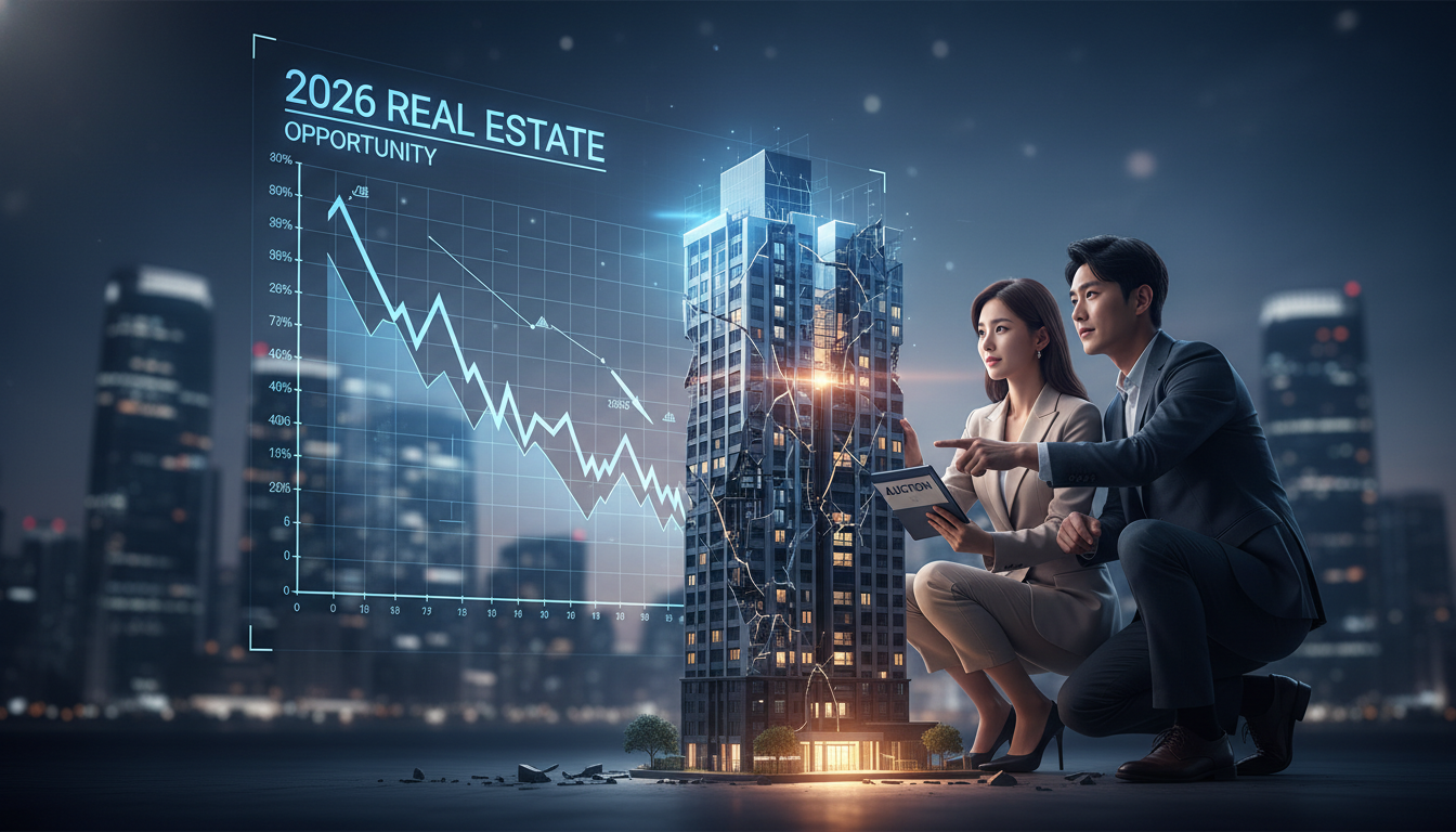 2026년 하반기 부동산 하락장과 3040 무주택자의 내 집 마련 기회를 상징하는 과천 아파트와 차트 일러스트