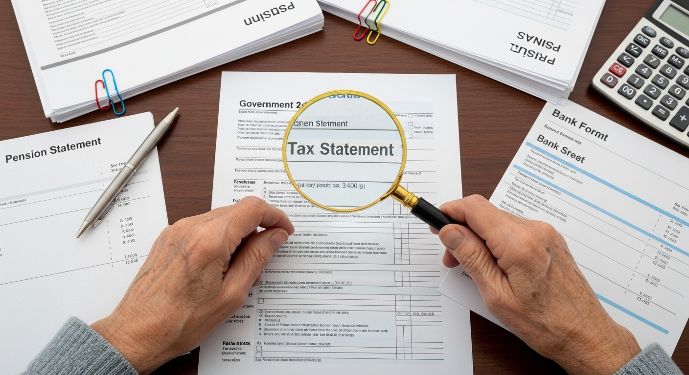 돋보기로 세금 고지서를 꼼꼼하게 검토하는 은퇴자의 손. 그 옆에는 연금, ISA, 주택연금 서류가 놓여 있음