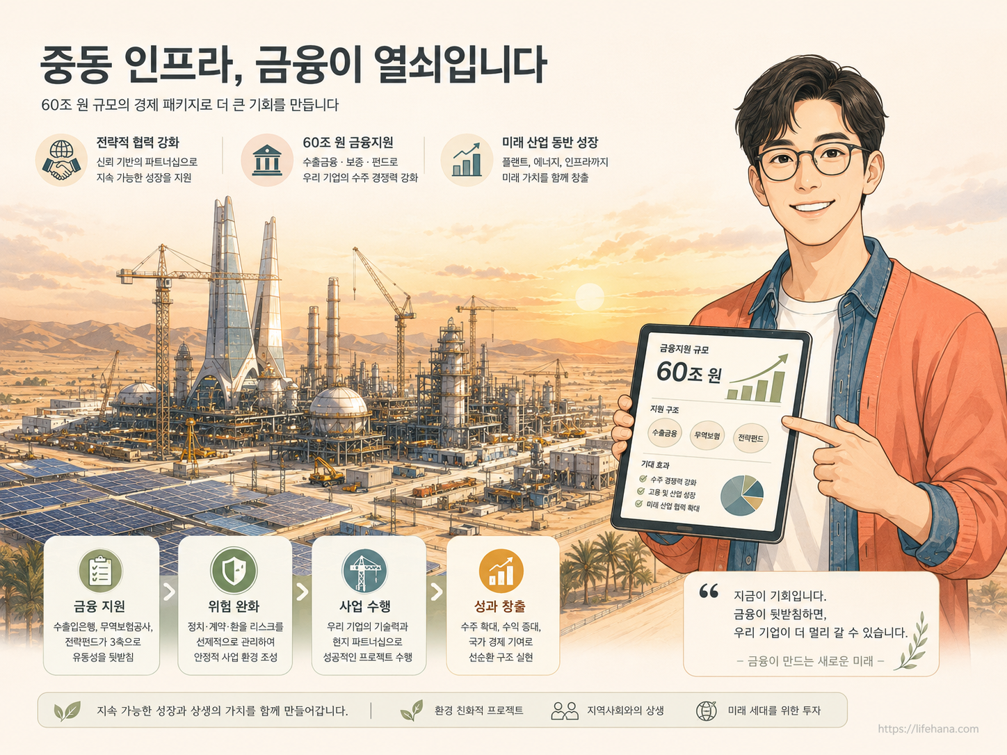중동 사막 한복판에 건설되는 메가 플랜트 현장 전경과 경제 협력을 안내하는 따뜻한 코랄 톤의 인포그래픽