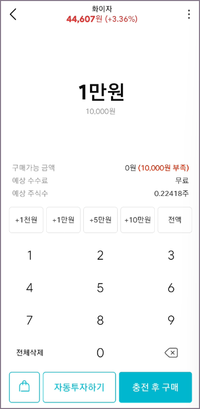 미국 주식 충전 후 구매 화면 (ministock)