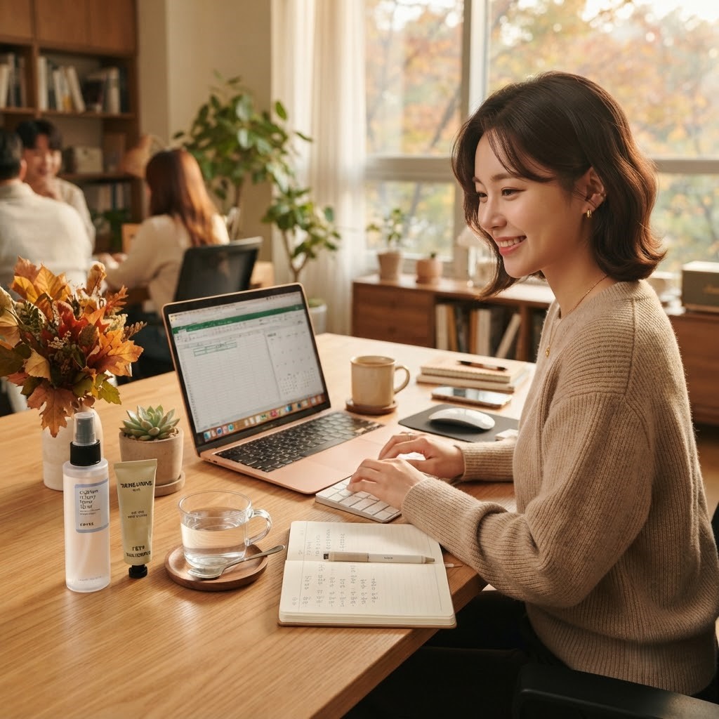 Korean woman's desk with a facial mist spray, small hand cream tube, and a cup of water, autumn office setting, warm afternoon light, cozy lifestyle photography