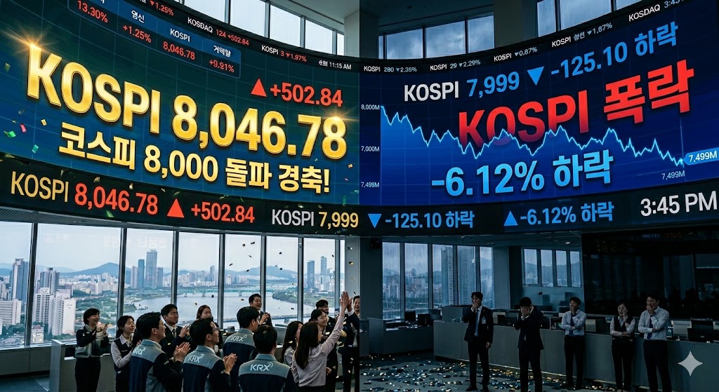 'KOSPI 8,046.78' 전광판 환호 모습과 장 막판 파랗게 질린 '-6.12% 하락' 그래픽이 대조를 이루는 반반 연출 이미지