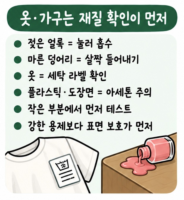 옷과 플라스틱, 도장 가구에 묻은 매니큐어는 재질을 확인하고 작은 부분에서 테스트하며 아세톤 사용에 주의하는 카드