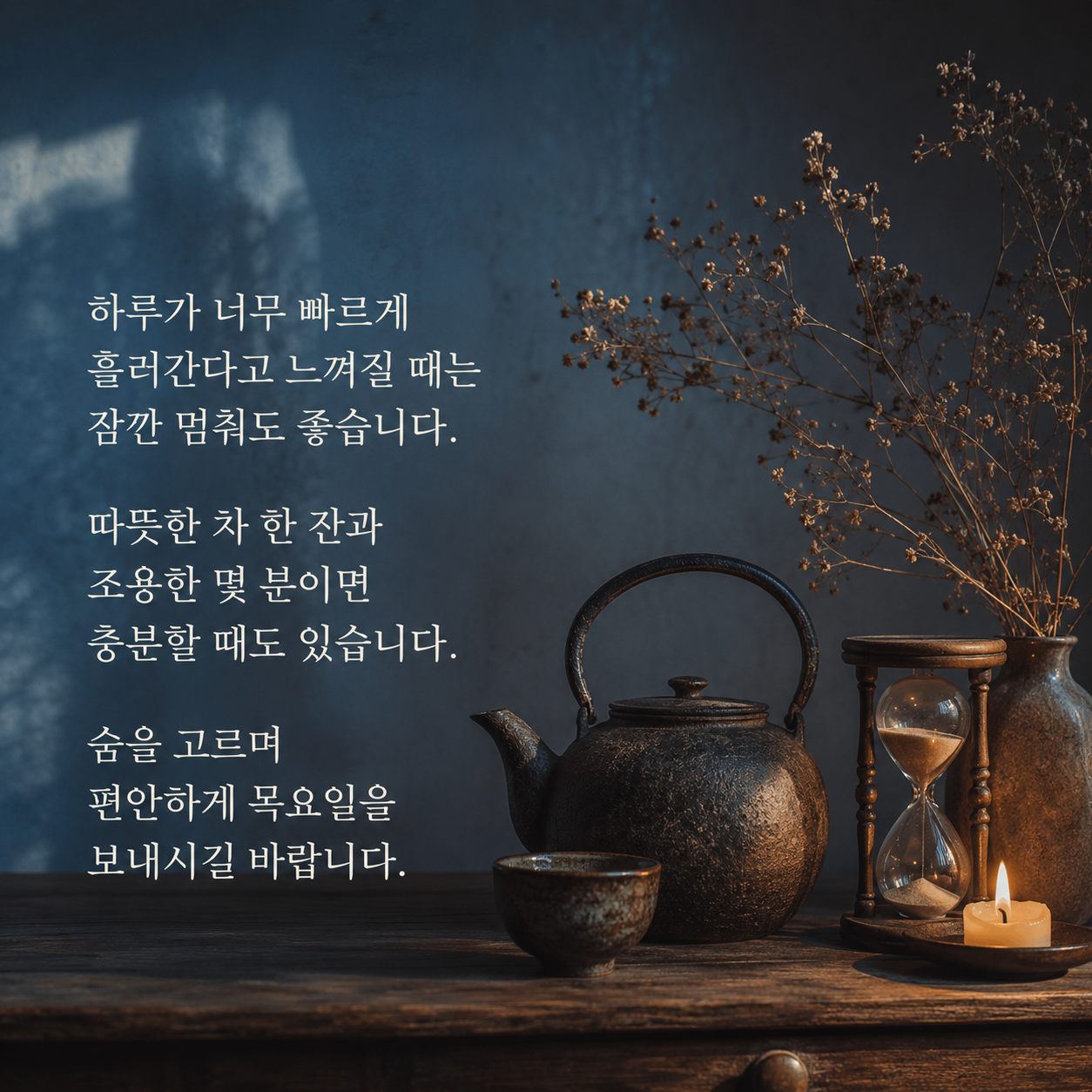 따뜻한 차와 조용한 시간으로 숨을 고르라는 목요일 인사 이미지
