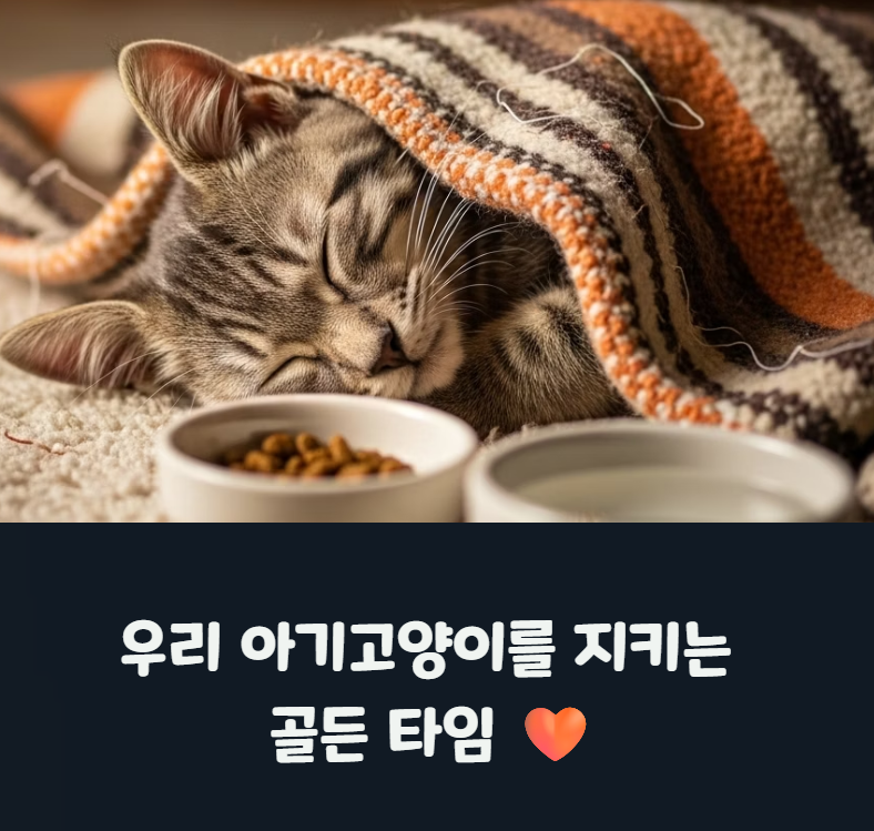 보살핌을 받으며 자고 있는 고양이의 모습