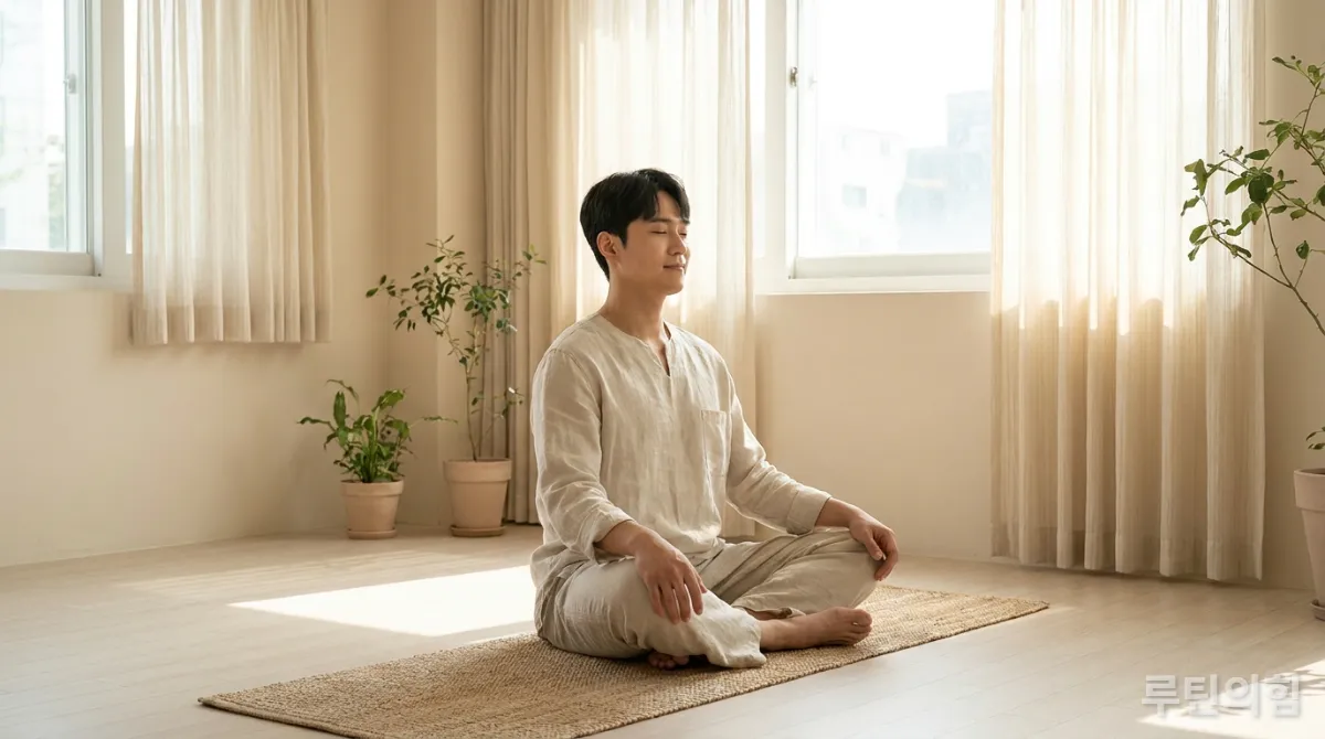 조용한 방에서 명상하는 한국 남성