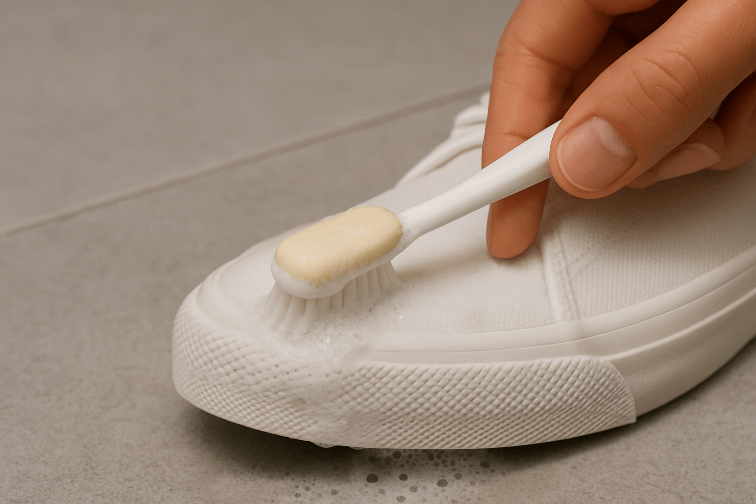 칫솔에 비누 조각을 얹어 운동화 앞코를 문지르며 청소하는 모습