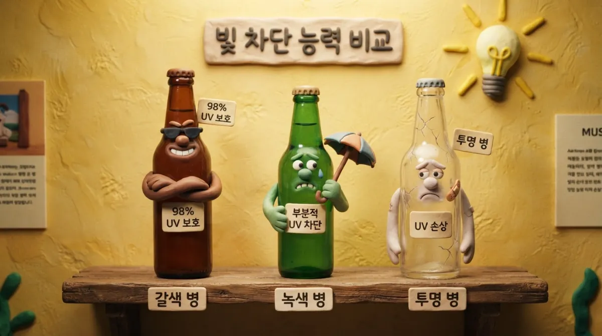 선글라스를 쓴 자신만만 갈색 병, 우산을 든 초록 병, 금이 간 투명 병 세 캐릭터의 자외선 차단 능력 비교를 재미있게 표현한 아드만 스타일의 점토 스톱모션 일러스트