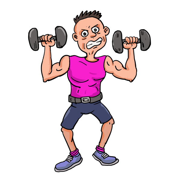 덤벨을 들고 힘들어하는 초보 남성 운동 사진