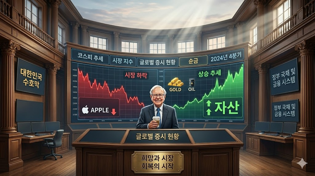 워런 버핏의 인자한 미소 뒤로 보이는 애플 로고의 하락선과 금융/에너지의 상승 곡선 그래픽