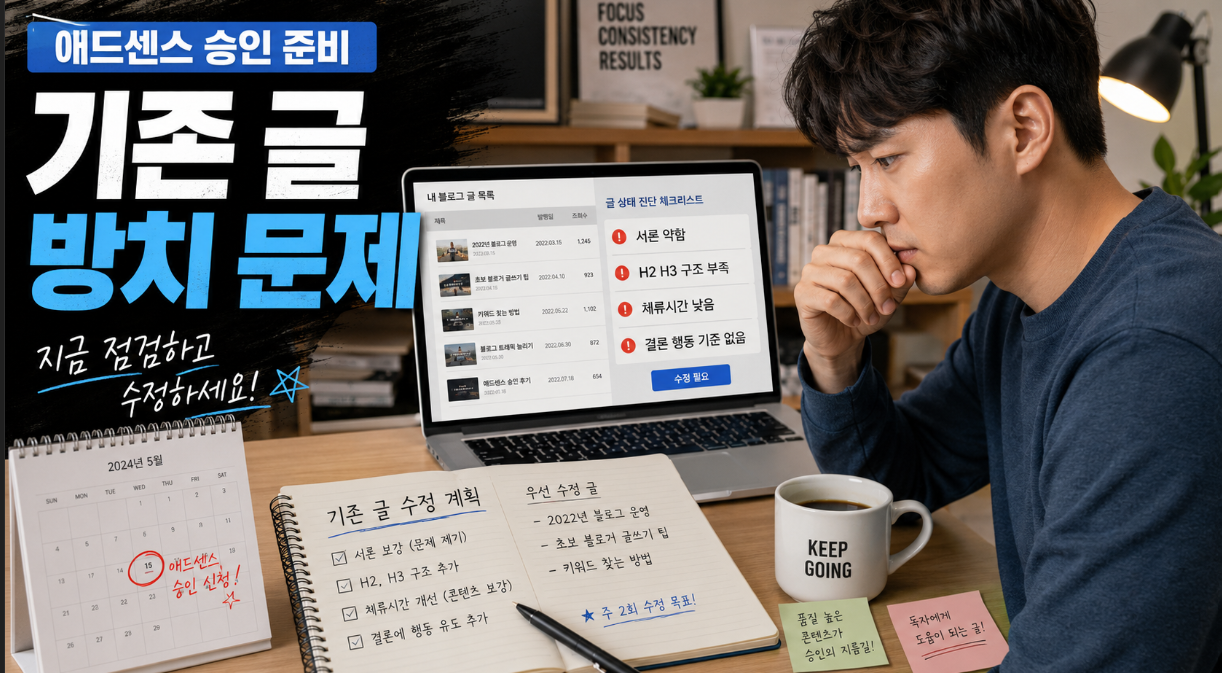 애드센스 승인 준비 블로그에서 기존 글의 서론과 구조 문제를 점검하는 이미지