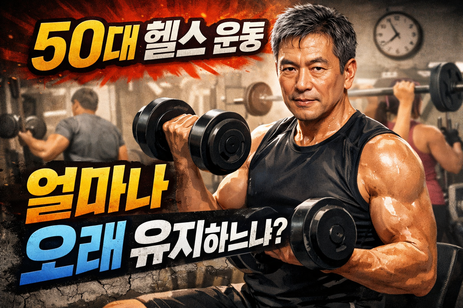 50대 헬스 운동 중 덤벨을 들고 있는 중년 남성 이미지, 무리한 고중량 운동의 위험성과 적절한 운동 기준의 필요성을 보여주는 장면