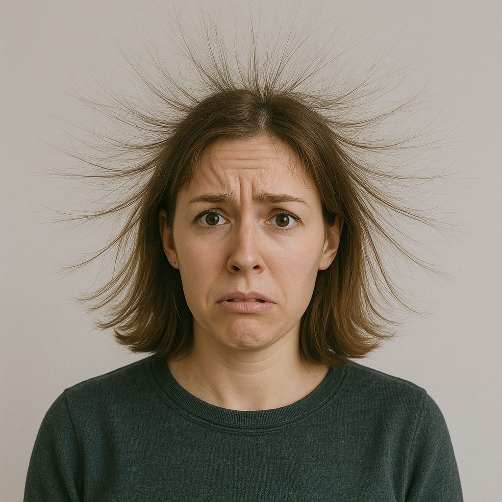 정전기로 머리카락이 사방으로 퍼진 여성 이미지