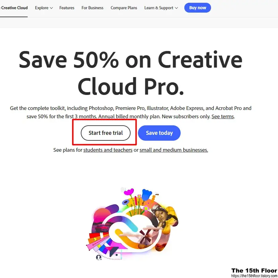 Creative Cloud 제품 페이지의 무료 체험 시작 버튼