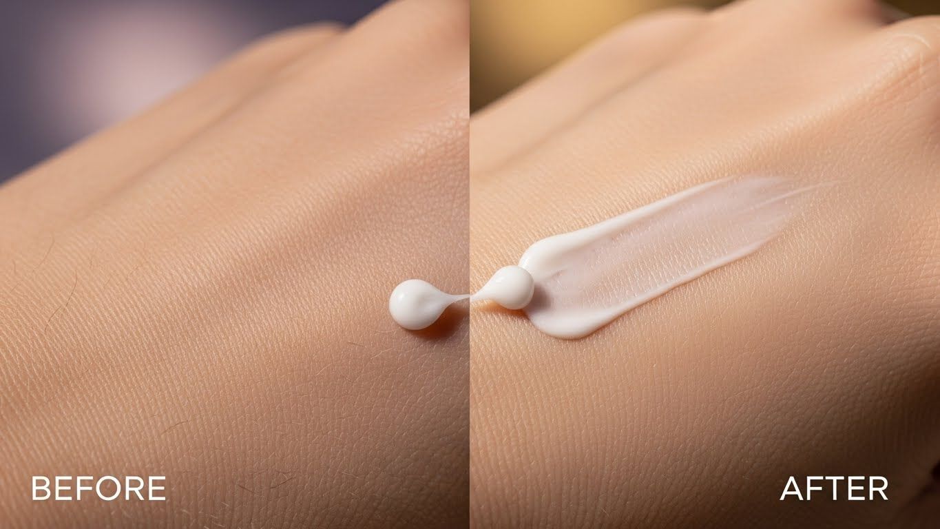 건조하고 각질이 많은 피부가 크리미한 텍스처로 부드럽게 보습되고 부드럽고 따뜻한 빛이 수분 공급의 전후 효과를 강조하는 클로즈업 샷입니다.