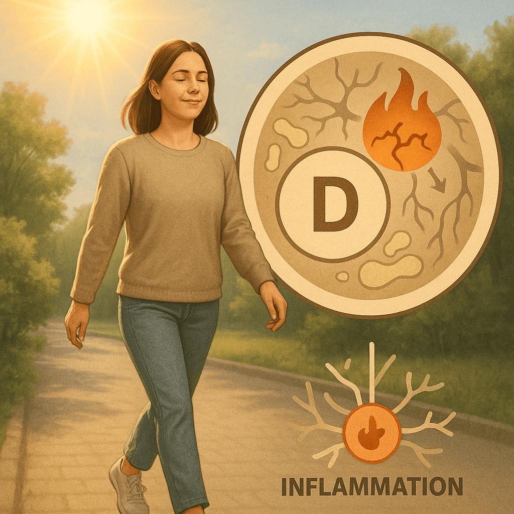 햇빛을 받으며 산책하는 여성의 모습과 함께, 체내 비타민D가 염증을 조절하는 과정을 상징적으로 나타낸 디지털 일러스트