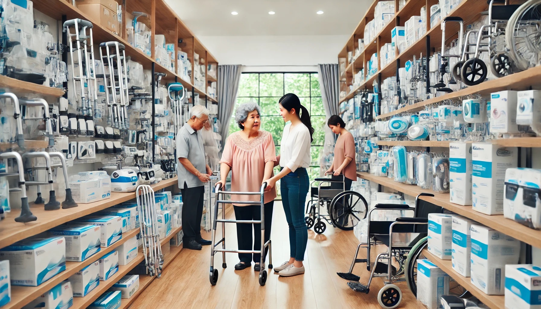 의료기매장에서 복지용구를 선택하는 장면