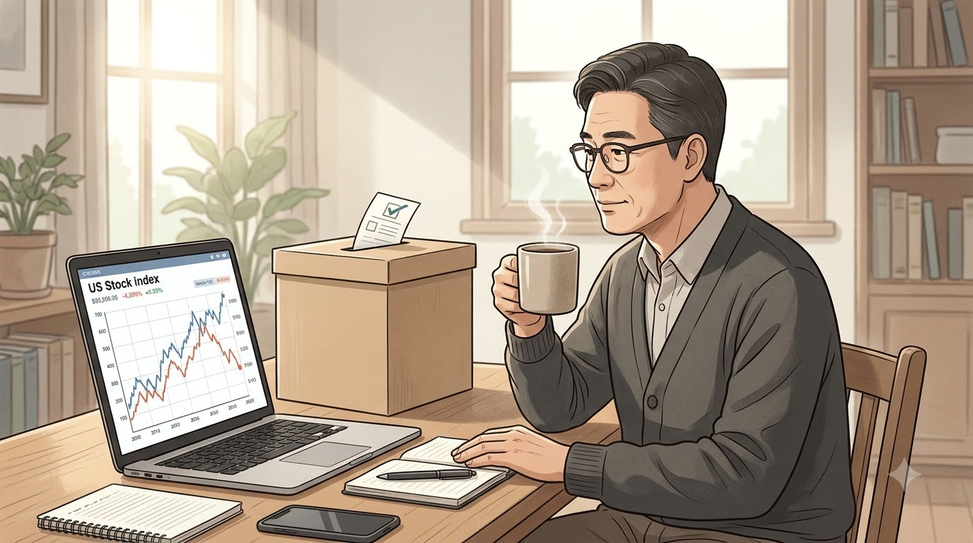 투표함 옆에 놓인 미국 주식 차트 화면과 그 앞에서 커피잔을 든 채 차분히 바라보는 50대 남성