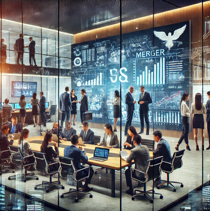 현대적인 한국의 사무실에서 진행되는 기업 합병 논의 모습