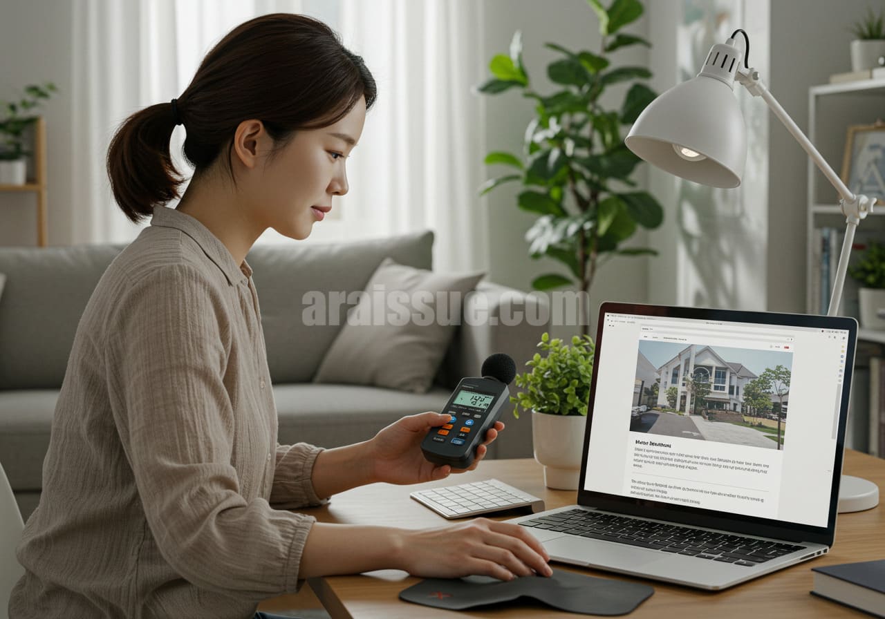 소음 측정기를 사용하고 공공 소음 중재 전문가와 상담을 준비하는 여성의 장면