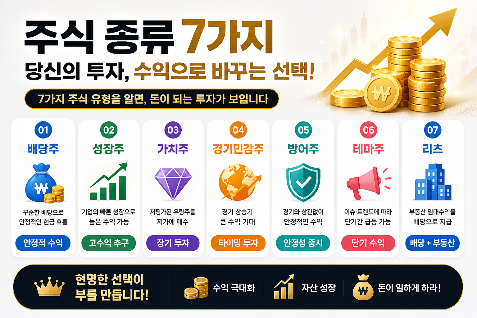 주식 종류 7가지(배당주, 성장주, 가치주 등)를 정리하고 투자 유형별 수익 전략을 설명하는 인포그래픽 이미지