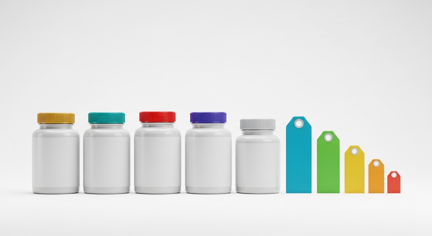일반적인-건강-보조-식품-병-옆에-다양한-가격-등급을-나타내는-추상적인-가격표를-배치한-단순한-제품스타일입니다.