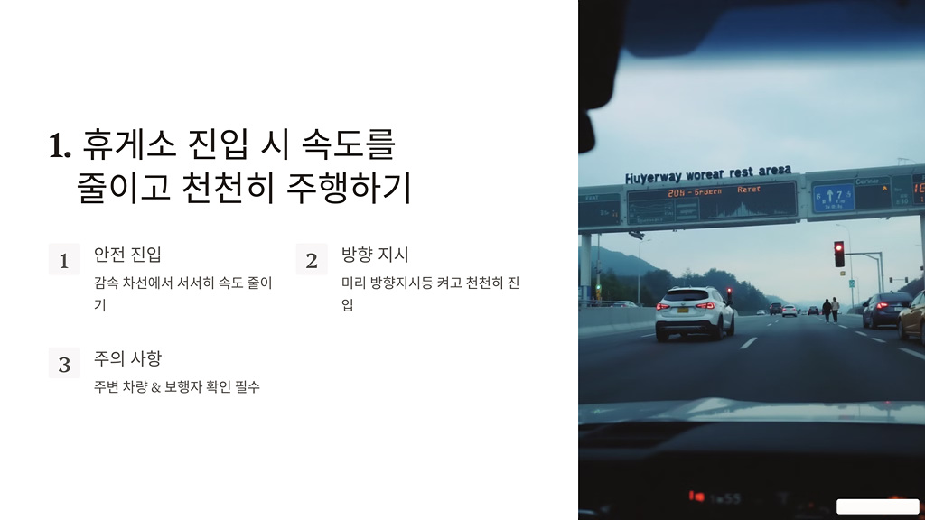 휴게소 진입시 속도를 줄이고 천천히 주행하기