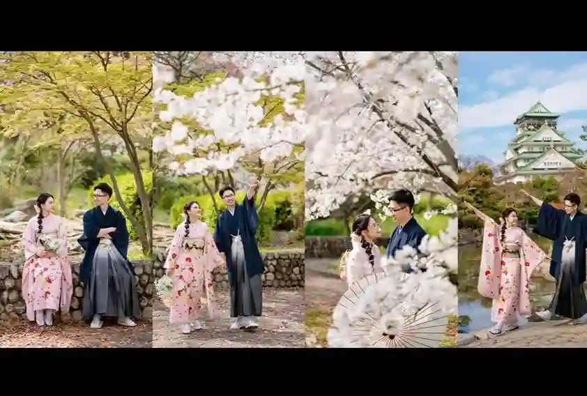 오사카 벚꽃과 오사카성 배경의 커플 기모노